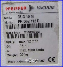 Pfeiffer Duo 10 M Pk D62 712 D 12 M³/h. 55kw (3/4hp) 240v 3ph Vacuum Pump